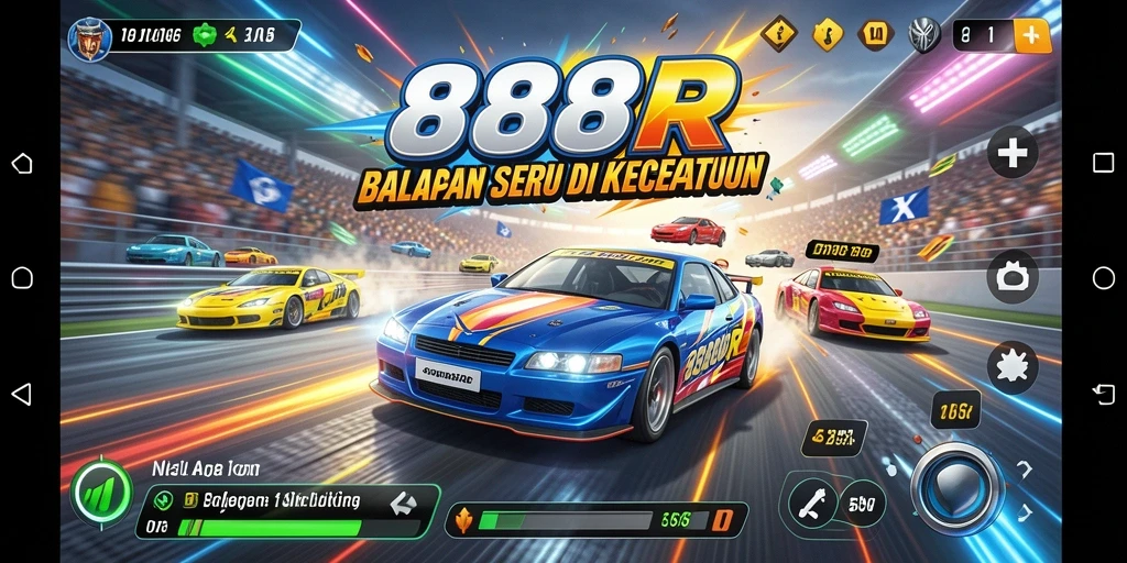 Tampilan gameplay seru di 888R dengan mobil balap di trek.