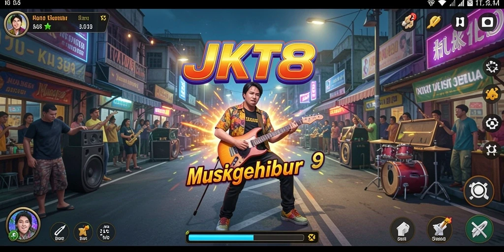 Tampilan gameplay JKT8 dengan banyak lagu yang tersedia.