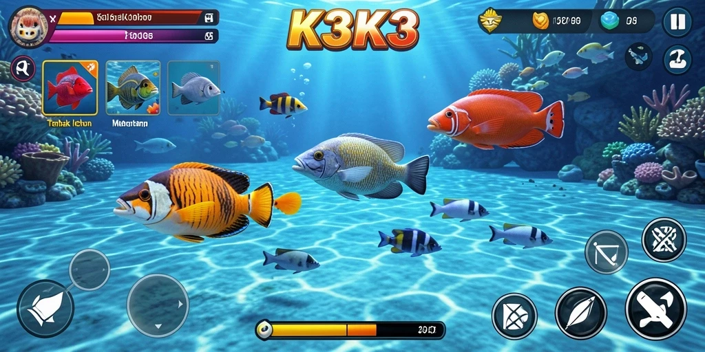 Tampilan gameplay menegangkan saat menembak ikan dalam K3K3.