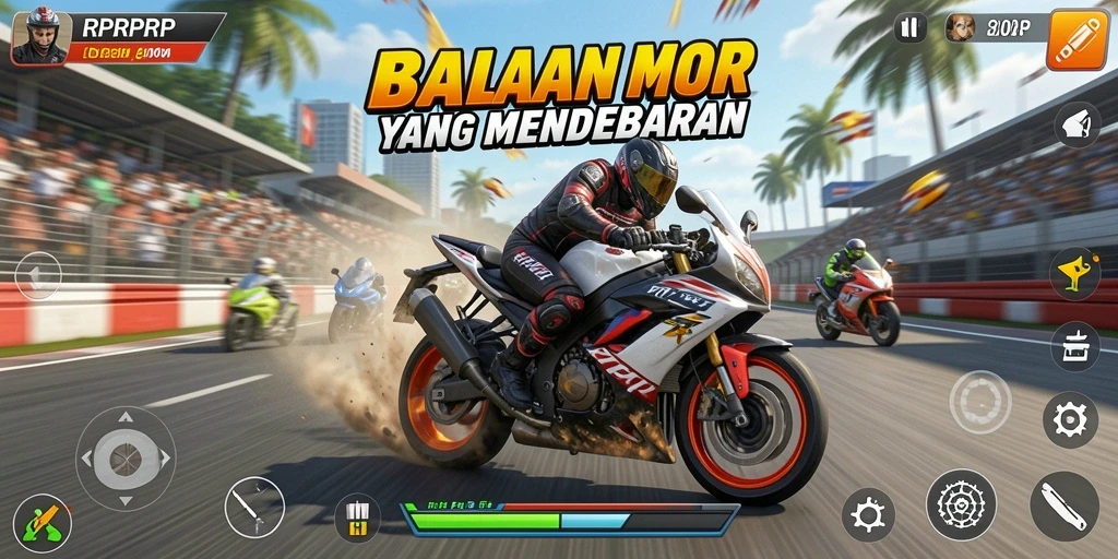 Screenshot gameplay RPRPRP menampilkan balapan motor yang intens.